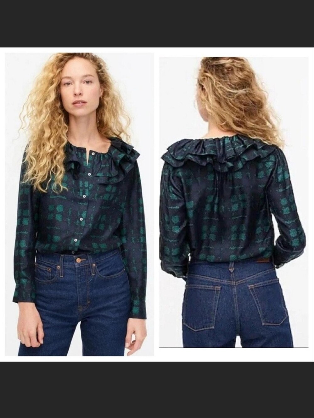 J. Crew Collection Silk Twill Ruffle Collar Top In Blue Green Plaid